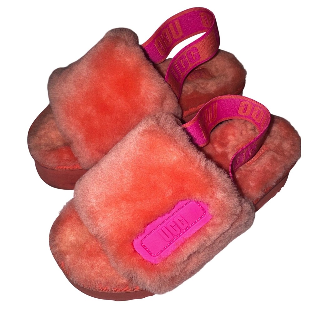 UGG Disco Slide Vibrant Coral Platform Sheepskin Slipper size 6Womens Size 6